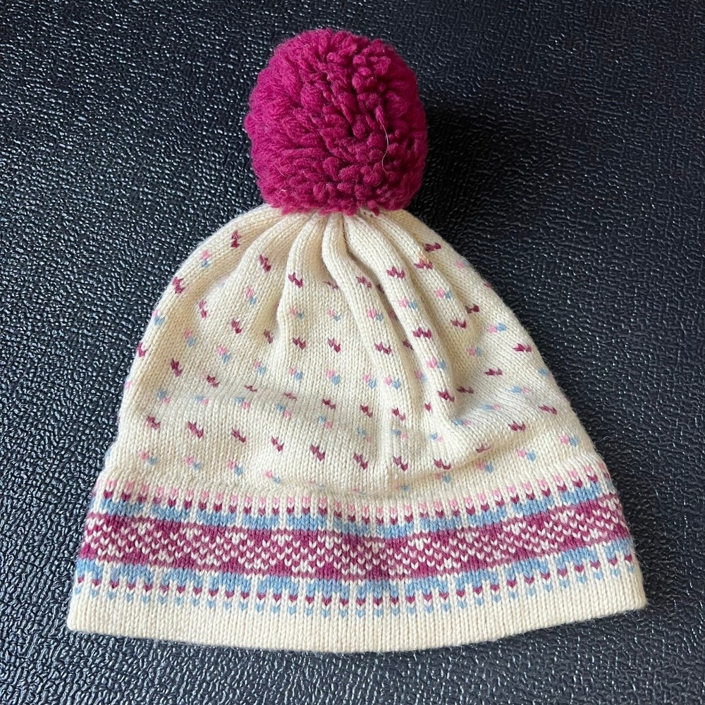 VTG Stowe Woolens Fair Isle Pom Pom Beanie Cream Pink Blue Wool Ski Hat Coquette